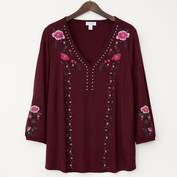 Cupio Tops - Cupio Blouse Womens XL Burgundy Floral Embroidery Boho Peasant Folk Hippie